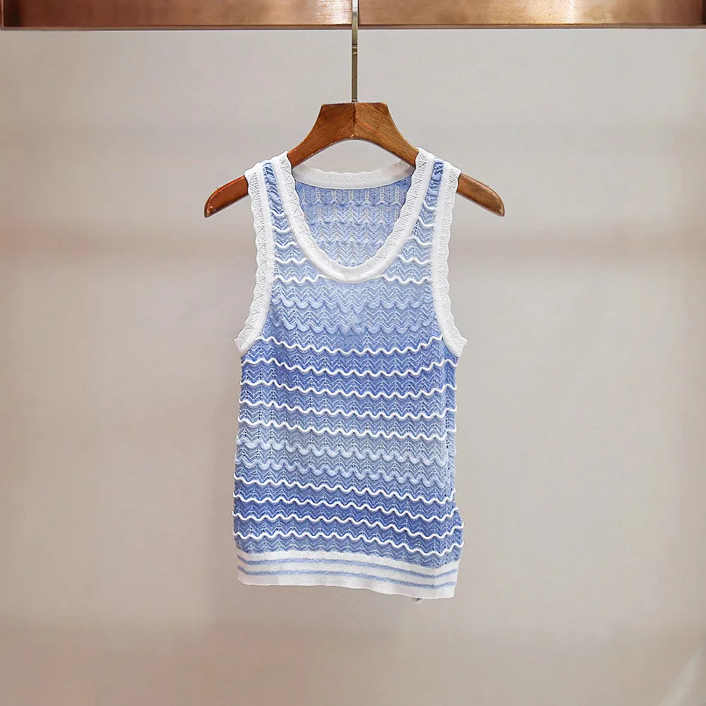 

South Oil High-End Women's Summer New Age-Defng Wave Stripe Lace round Ne Vest Knitted Top Polyester Fiber Thin Model