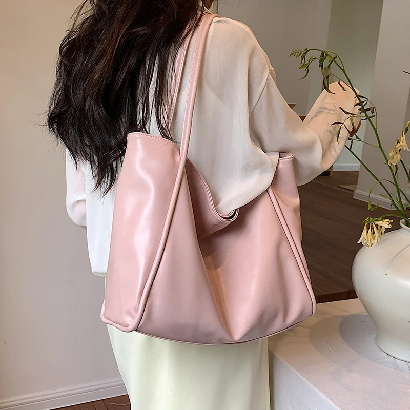 

Casual Soft Leather Large Capacity Women Bags Fashion All-Matched Solid Color Single Shoulder Bag Simple Female Tote Bag