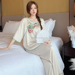 2025 national style new chinese silk classical hanfu pajamas ladies spring summer vintage tray button loose home wear suit w451