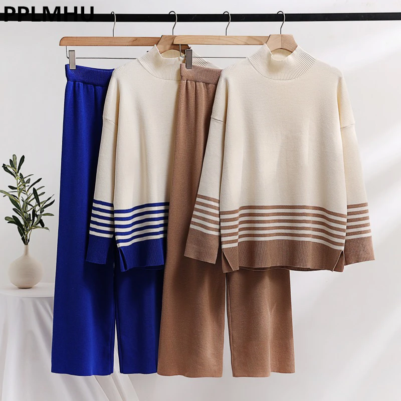 Striped Knit Pullover 2 Piece Sets Women New Half High Collar Sweater Tops Suits High Waist Baggy Wide Leg Sweatpants Ensemble