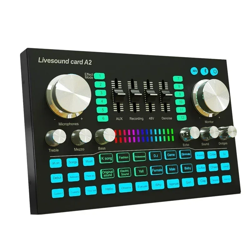 

A2 Soundcard live Sound Card Bluetooth-compatible Mixer Audio Professional Adjustable Volume Audio for Music Recording Karaoke