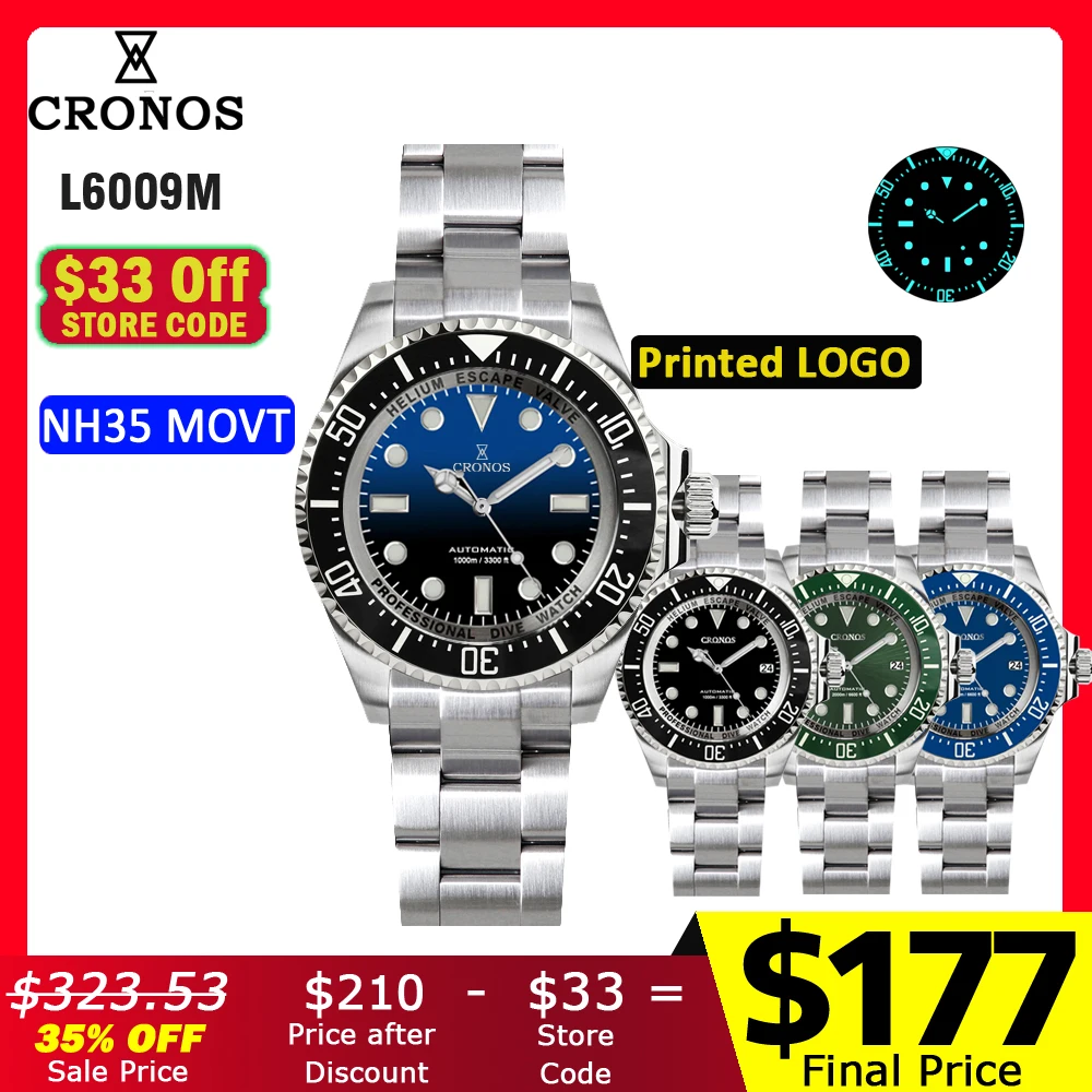 Cronos Automatic Diving Watch Stainless Steel 2000 Meters Water Resistance Professional Diver NH35 L6009M