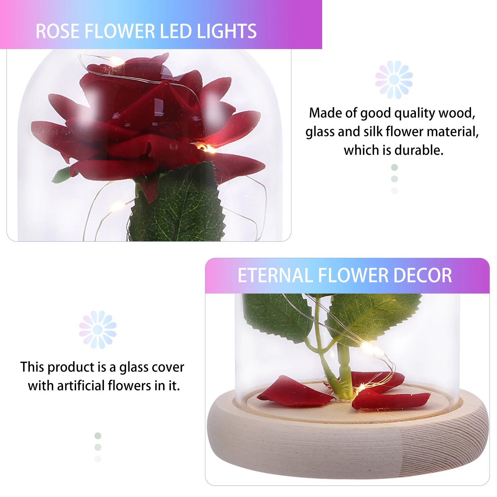 

1Pcs LED Rose Flower Lamp in Glass Cover Wooden Base Decorative Ornament for Living Room Desk Night Light Valentine's Day