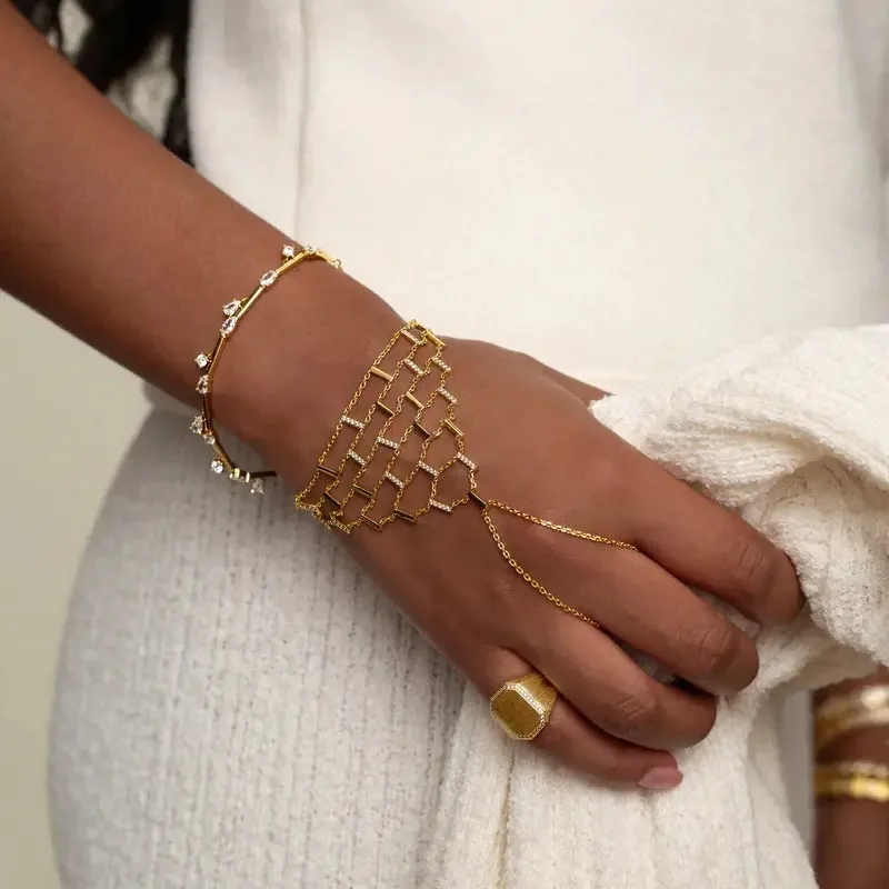 2025 بلينغ هندسية الأبيض تشيكوسلوفاكيا قطرة سوار Charm الذهب اللون بار الخيزران ربط سلسلة للنساء العصرية مجوهرات الأزياء الطرف #2