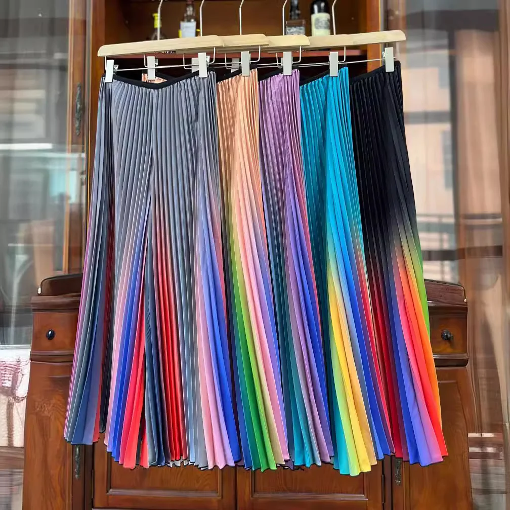 Pleats Original Wide-legged Rainbow Pants Diamond Pleat Casual Female Fairy Aesthetic Hundred Colorful Unique Nine-minute Pants