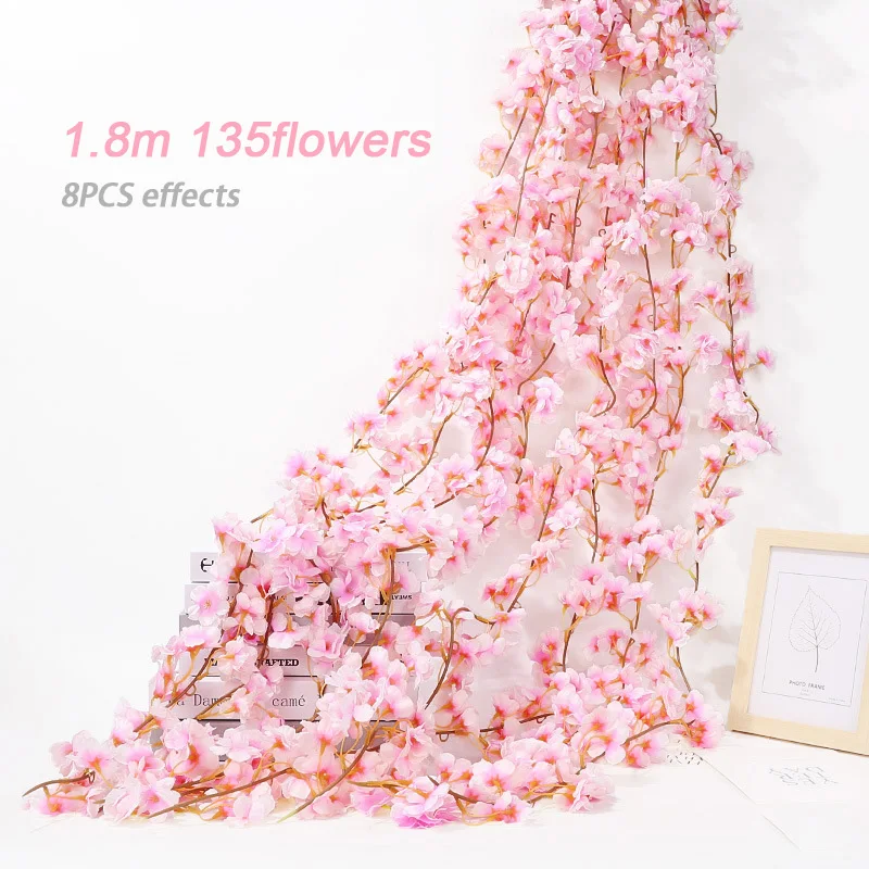 1.8m Pink Cherry Blossom Artificial Flower Silk Garland Vine Home Party Garden Arch Wedding Background Decoration Fake Flower