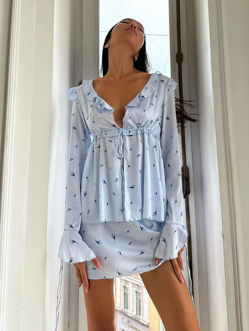 Marthaqiqi Printing Female Pajamas Set Long Sleeve Sleepwear V-Neck Nightie Lace Up Nightgowns Skirt Casual Women Nightwear Suit