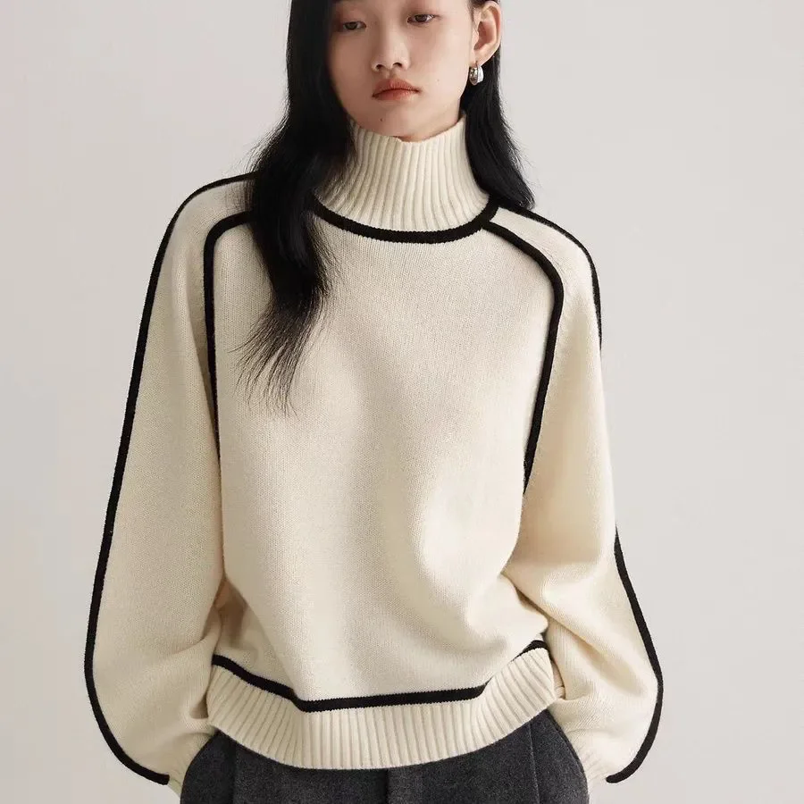 

Striped Casual Knitted Sweater Women's Outer Wear Autumn Shorts New Turtleneck Sweater Fashion Loose Long Sleeve Knitwear Tops
