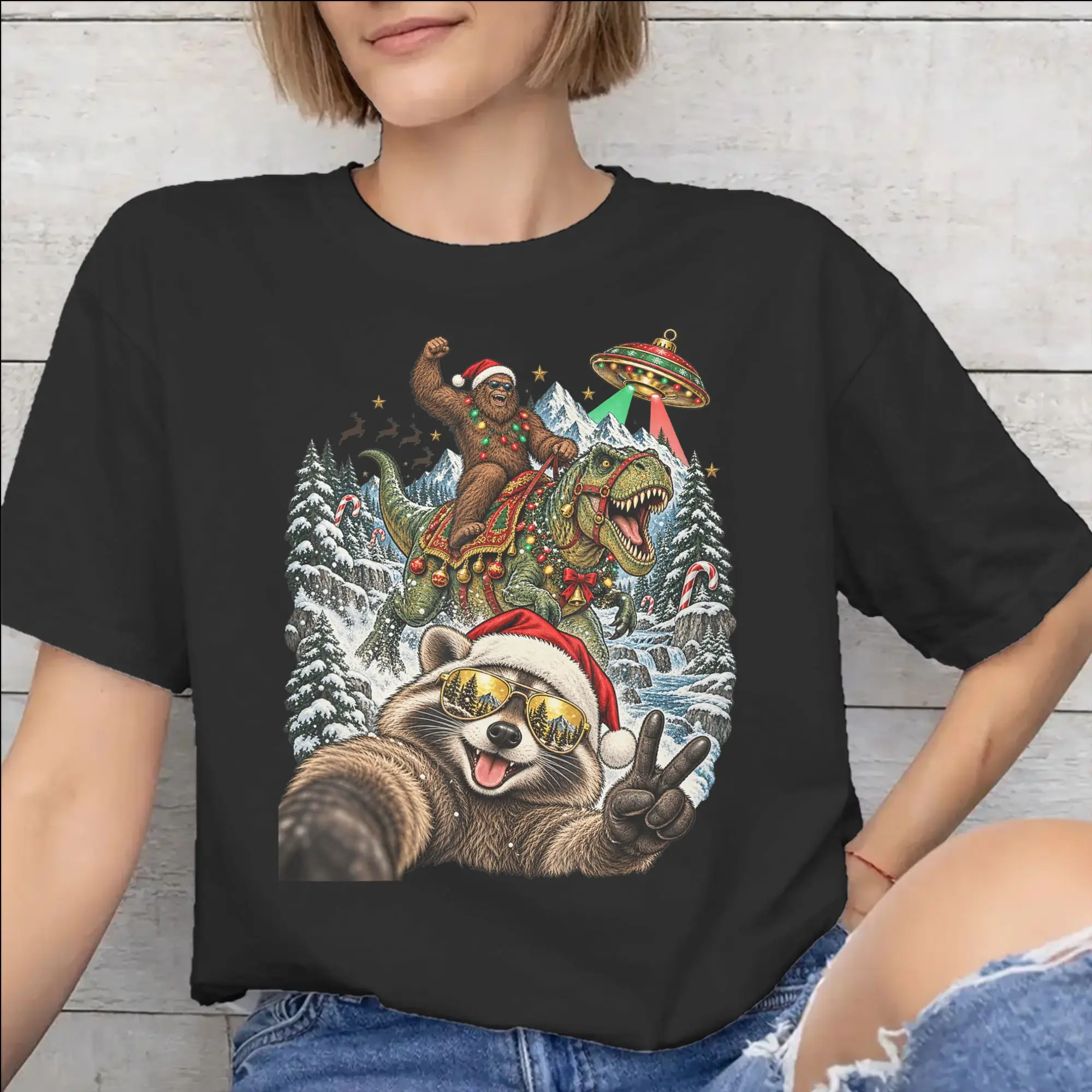 Mens Womens Funny Bigfoot Ride Dinosaur Raccoon T Shirt 100% Cotton Graphic Tee Shirts  Clothing Outfits