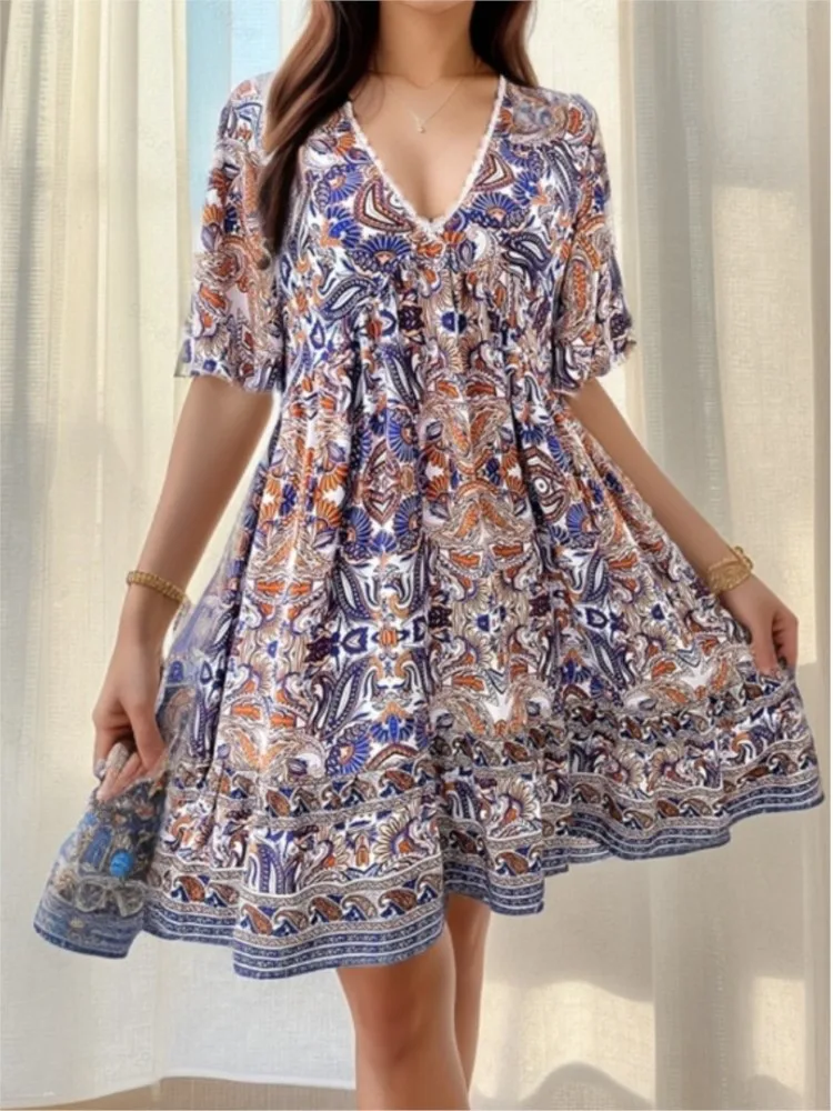 Summer Boho Retro Mini Dress Women Floral Print Beach Female V Neck Short Sleeve Dress Ladies Casual Loose Holiday Dress