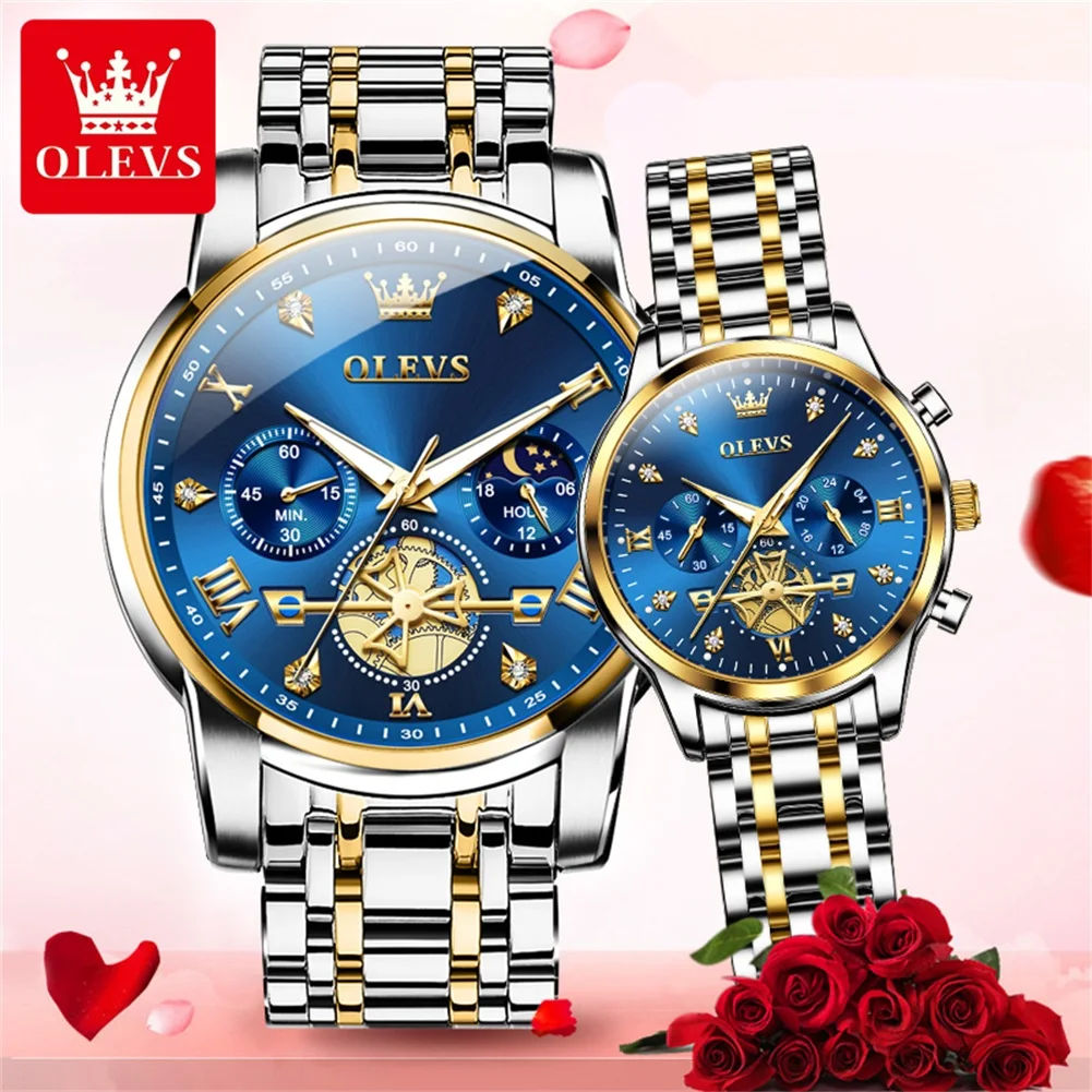 OLEVS-Montre à quartz chronographe de luxe pour hommes et femmes, acier inoxydable, étanche, Shoous Fashion, couple, tout neuf