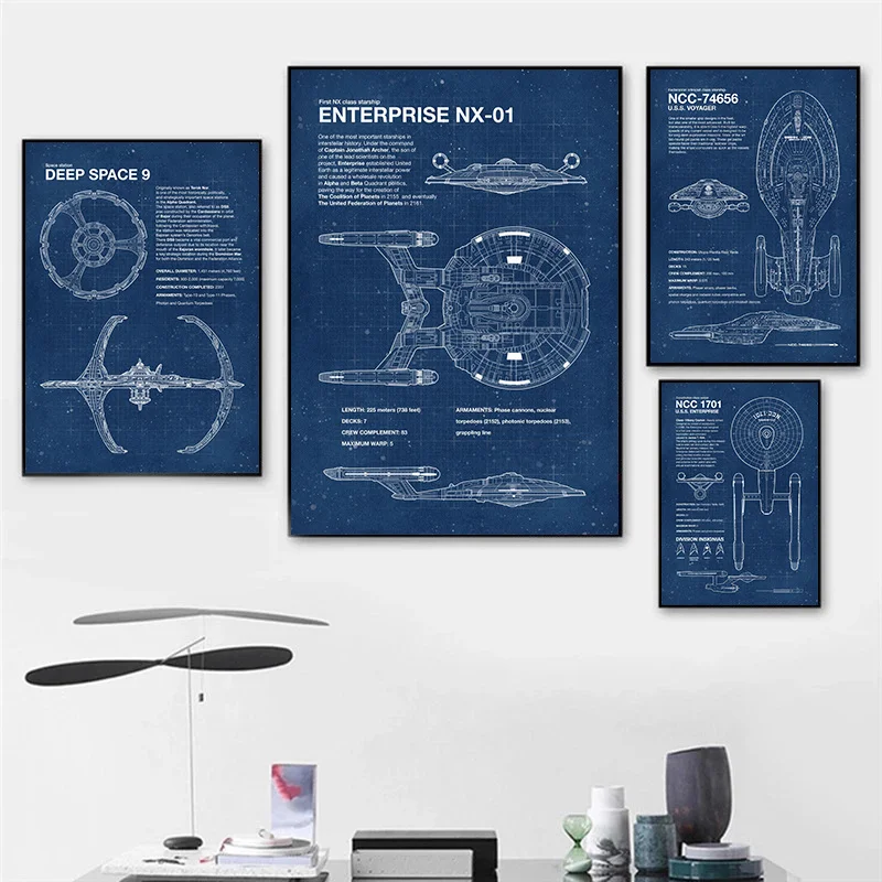 Vintage Star Trek Blueprints Posters HD Canvas Prints Paintings Retro Wall Art Pictures for Living Room Home Decor Frameless