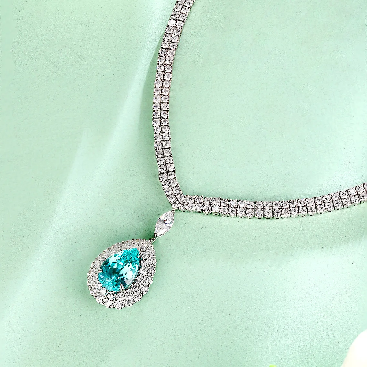 Luxury Double Halo Pear Pendant Tennis Chain S925 Silver 9*13mm Lab Created Paraiba Color YAG Custom Wedding Statement Necklace