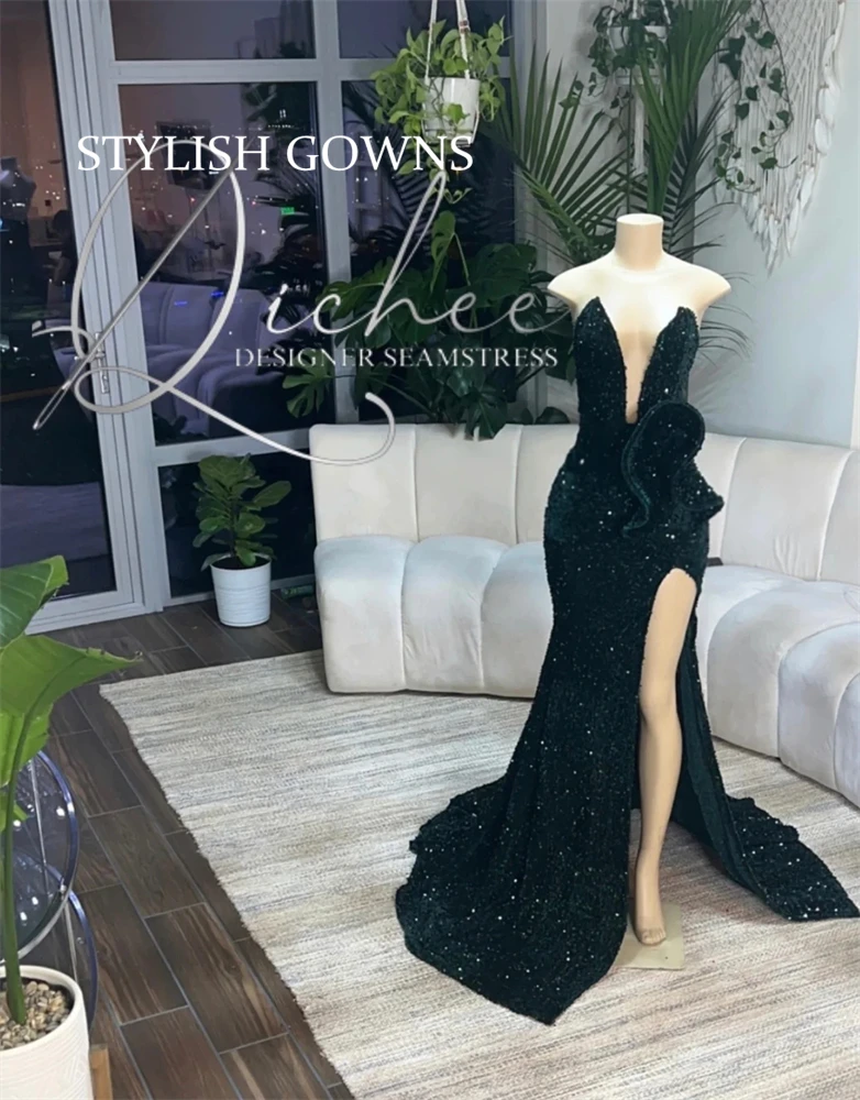 Emerald Deep V N Long Prom Dress Black Girls 2024 Black Girls Birthday Party Dresses Ruffles Slit Evening Gown Customized