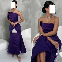 Customized Exquisite Strapless Mermaid Anke Length Evening Dresses Shirred Hugging Satin Customized  Evening Dresses