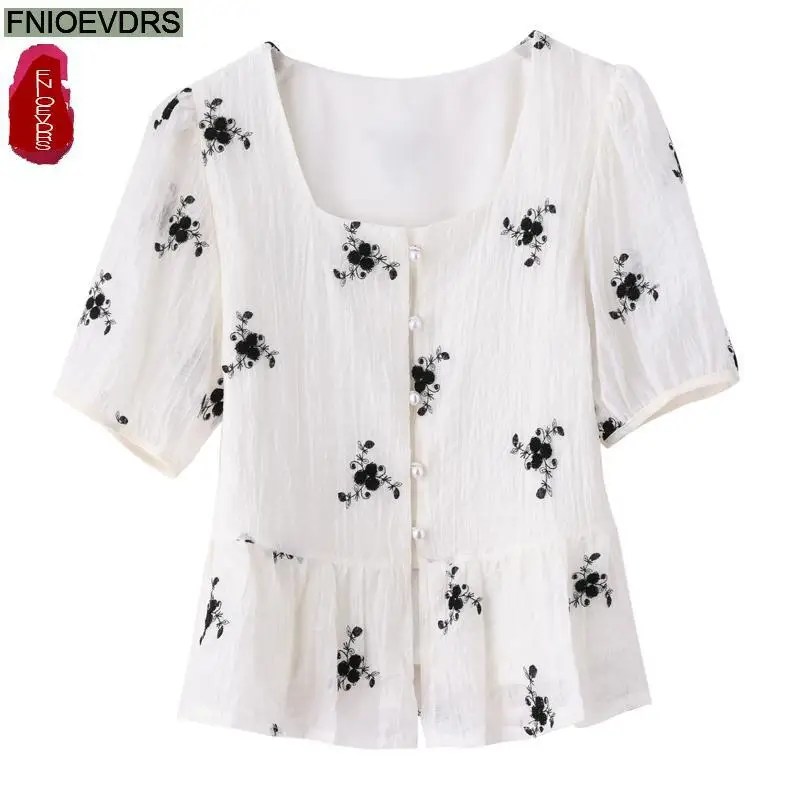 S-3XL 2023 Women Summer Short Sleeve Elegant Office Lady Work Button Shirt Casual Slim Cute Square Neck Peplum Tops And Blouses