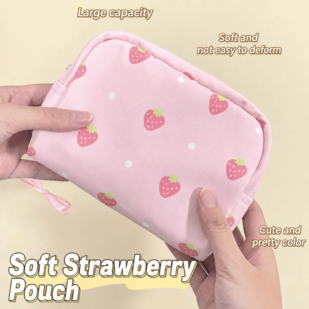Multi-Purpose Strawberry Polka Dot Print Makeup Bag Large Capacity Portable Cosmetic Organizer Pouch Toiletry Bag