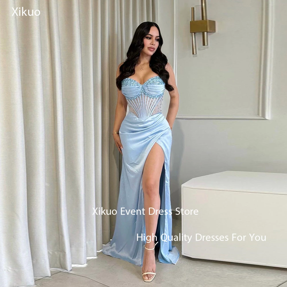 

Xikuo Modern Satin Evening Gowns Mermaid Illusion High Side Slit Prom Dress Woman Strapless Long Pleated Party Dress Customized
