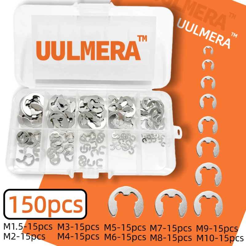 

UULMERA 150 шт. 304 SS E-образные кольца 10 размеров M1.5-M10, C-образные стопорные кольца, внешние фиксаторы для валов, набор крепежных элементов