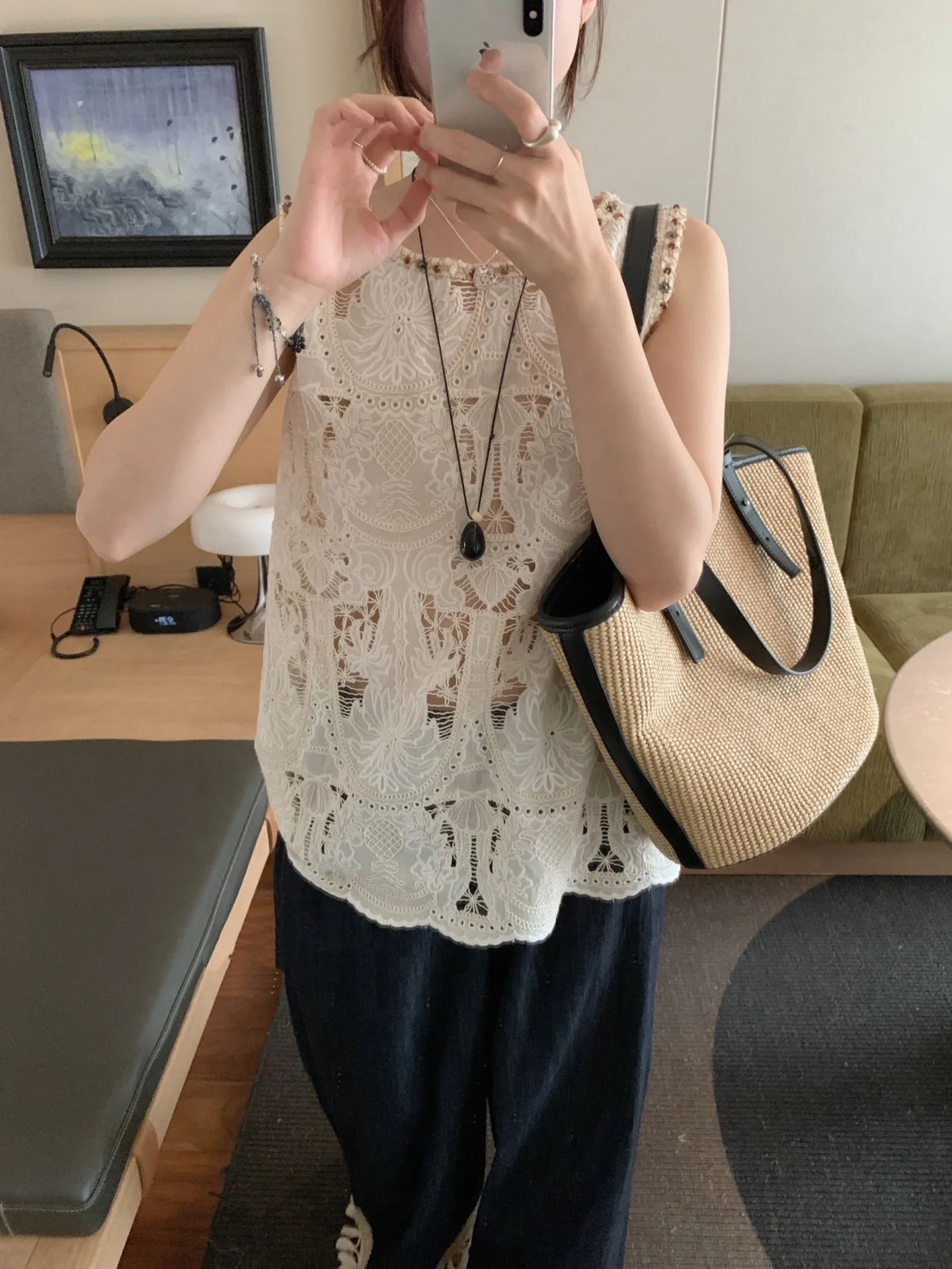 

Женские летние новые винтажные широкие длинные брюки с кисточками и вырезами на крючках, жилет с цветочным узором, тяжелый рабочий дизайн, поездка на работу, сле