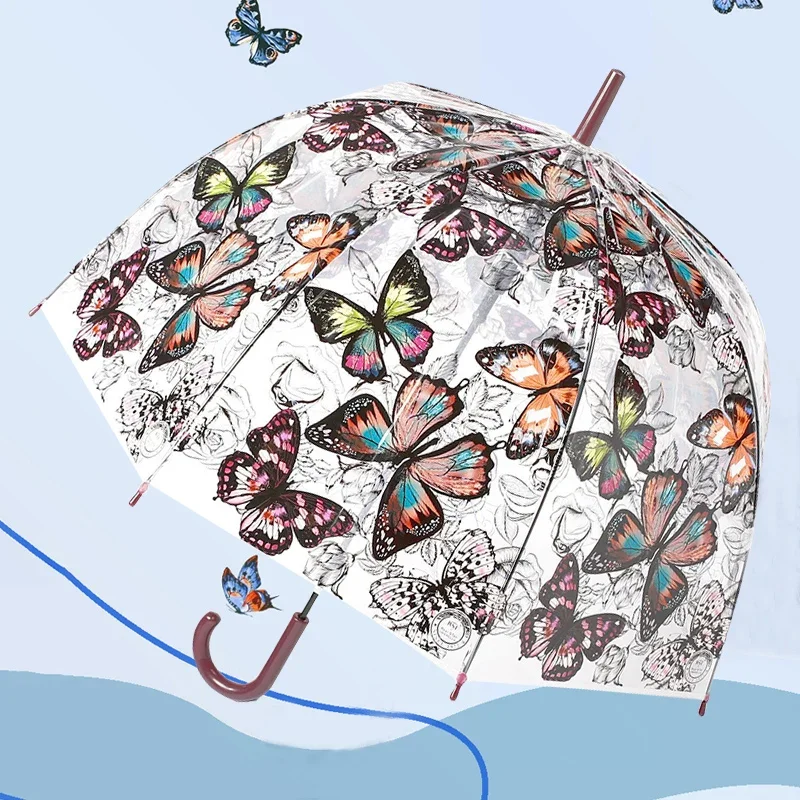 Retro Transparent Umbrella Female Butterfly Print Mushroom Umbrella Curved Handle Long Handle Umbrella