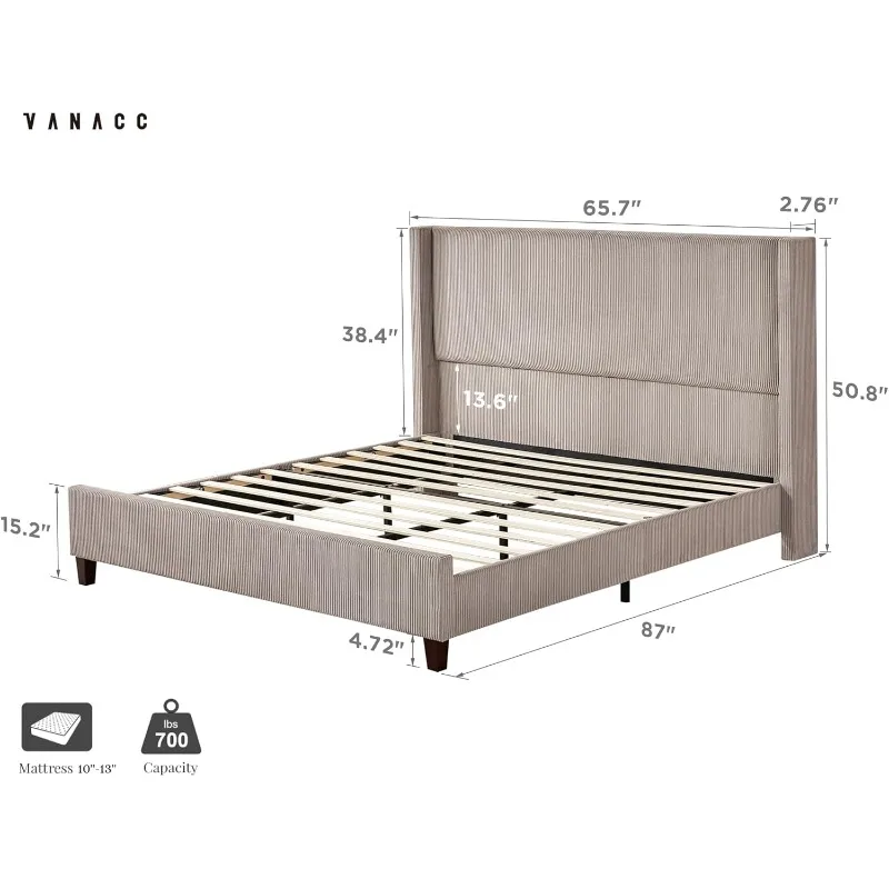 Queen Size Platform Bed Frame Corduroy Upholstered Bed with Vertical Channel Tufted Headboard/Wooden Slats/Wingback/No Box