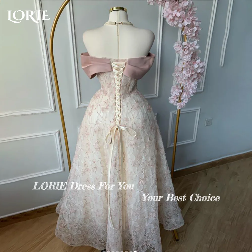 LORIE Modest Crepe Abendkleid 3d Blume Off Schulter Flowy Prinzessin Prom Kleider Illusion Puff Arabia Party Kleider Angepasst