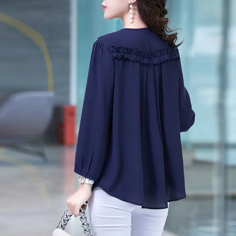 Spring Summer New Oversized Ruffles Button Up Chiffon Shirt Female Long Sleeve Loose Casual All-match Cardigan Top Women Blouse