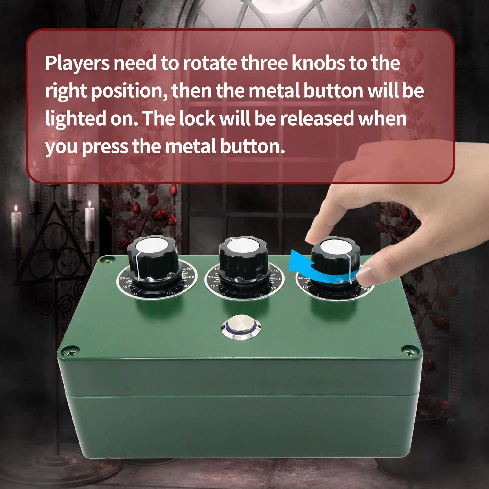  Mysterious Studio Escape Room Game Prop Knob Box Prop Rotate Three Knobs to the Right Position Press the Metal Button to Unlock