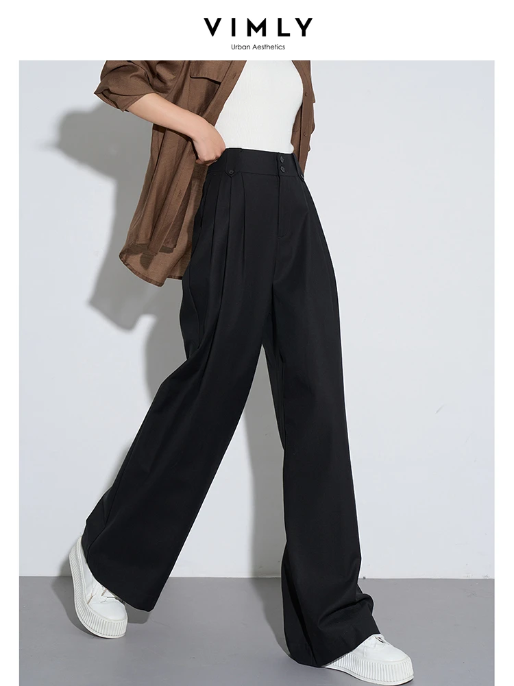 VIMLY Women's Simple Elastic Waist Casual Wide Leg Pants Autumn New Draped Loose And Slimming Solid Blazer Trousers With Pockets