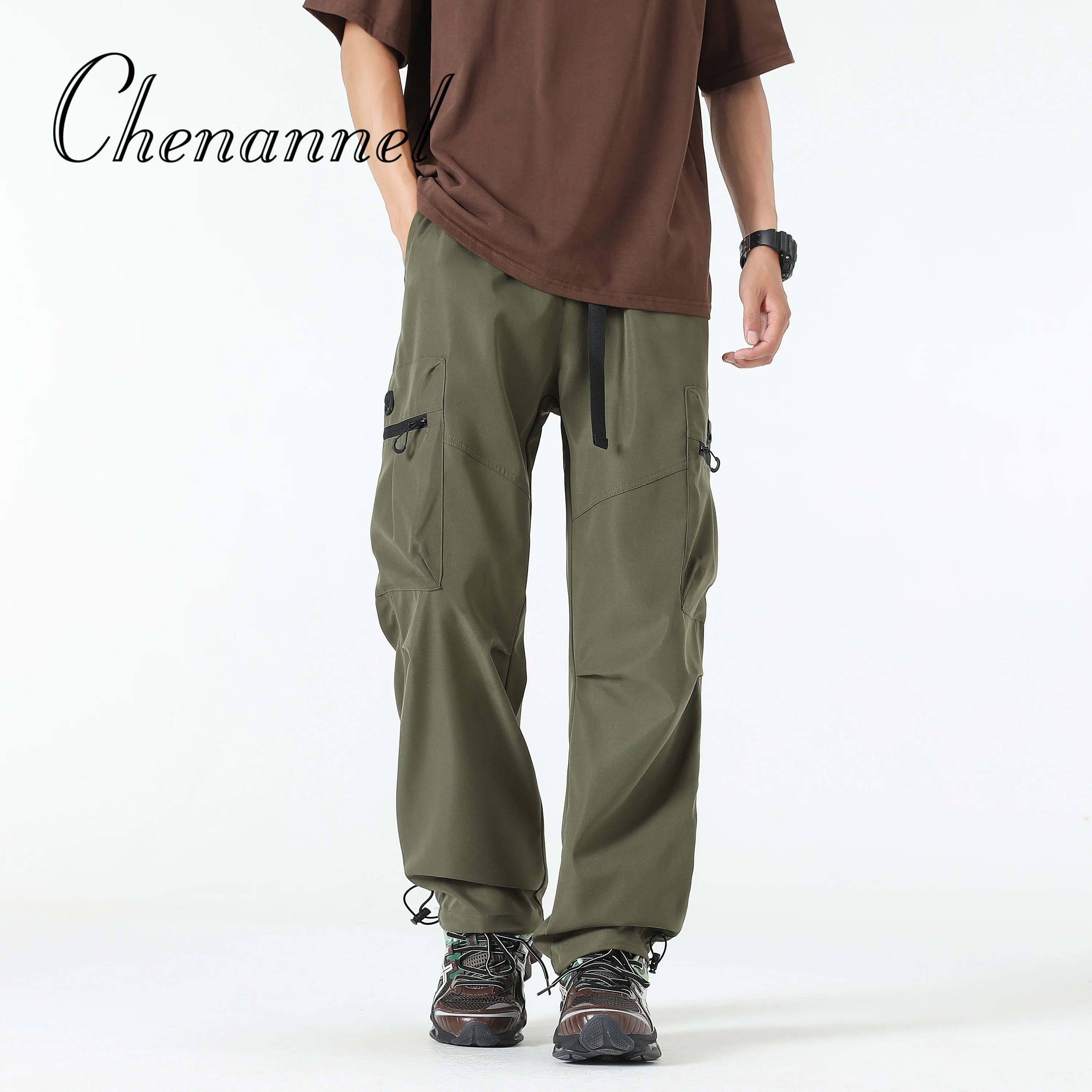 

Мужские быстросохнущие брюки в стиле спецодежды с поясом, летние модные повседневные длинные брюки с широкими штанинами прямого кроя High Street