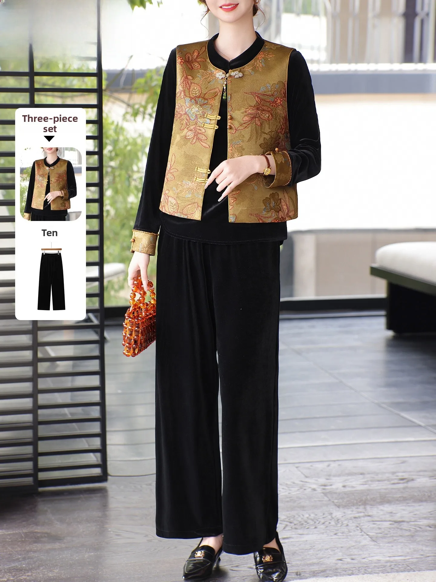 

New Chinese Sle Spring Outfit Set Velvet Top Middle-Aged And ly Women's Faion Traditional National Sle Jaet