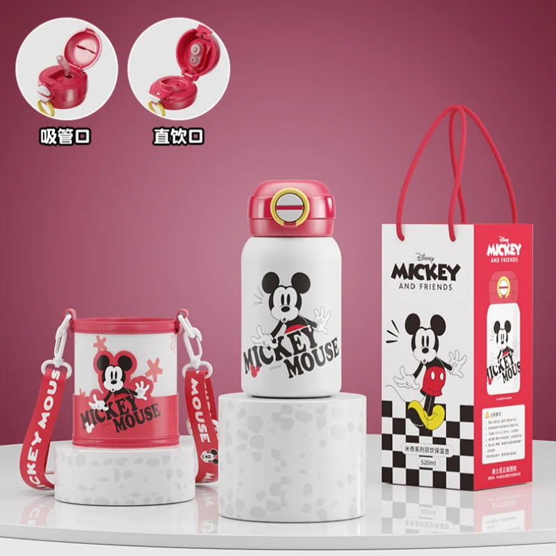 Disney Mickey Mouse Cartoon Student Insulation Coffee Cup Strawberry Bear Travel Portable Shoulder Strap Double Drinking Cup