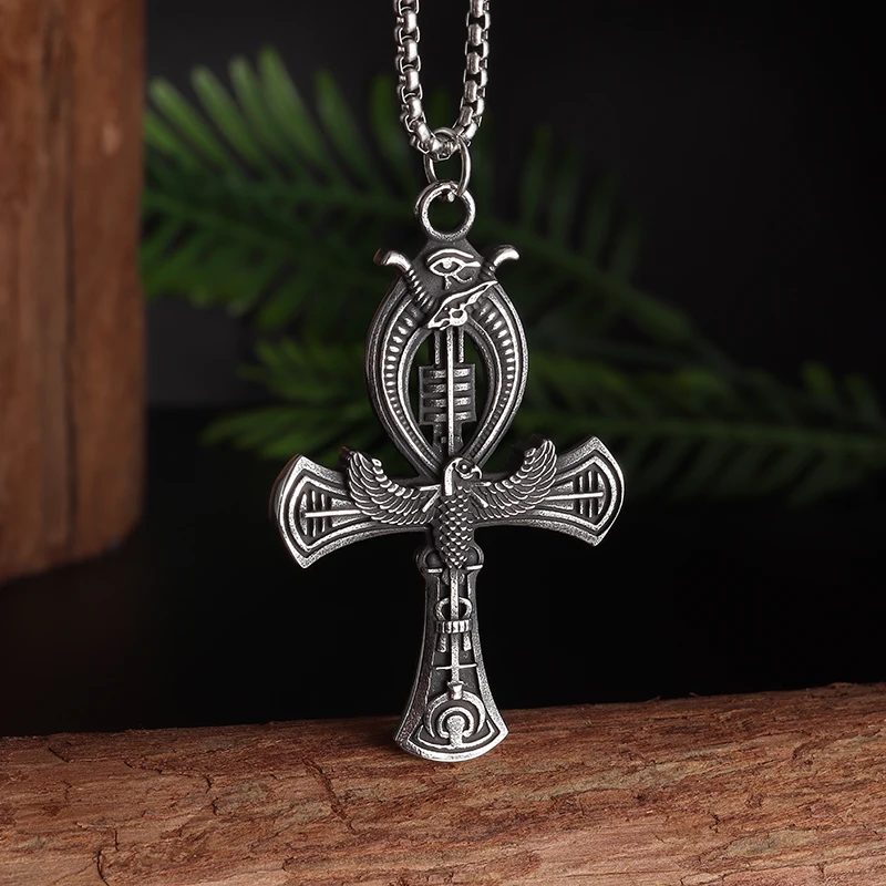 Vintage Egyptian Key of Life Cross Anka Bird Pendant Horus Patronus Necklace Men's Fashion Pharaoh Amulet Jewelry