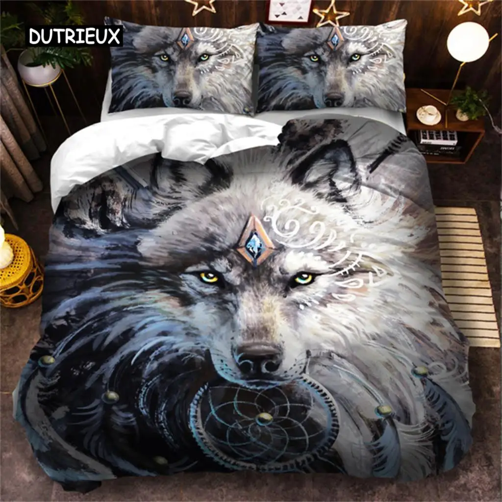 

3D Wolf Bedding Set Black White Dreamcatcher Tribal Nationality Style Duvet Cover For Teens Adults Women Men Bedroom Decoration