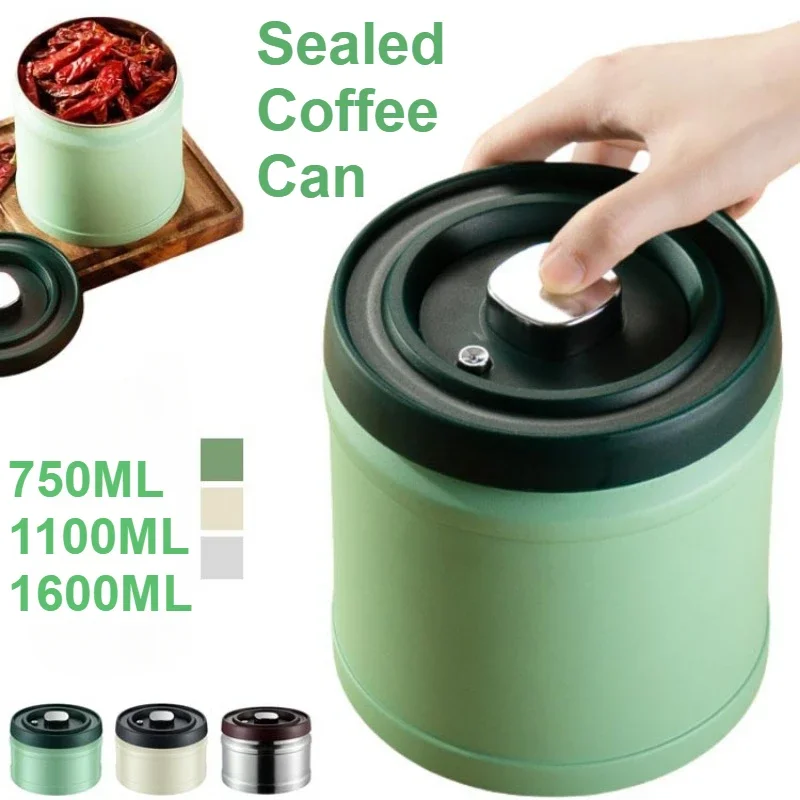 750/1100/1600ML Sealed Coffee Bean Storage Container Vacuum Sealed Stainless Steel Coffee Candy Jar Keep Food Fresh Kitchen Tool
