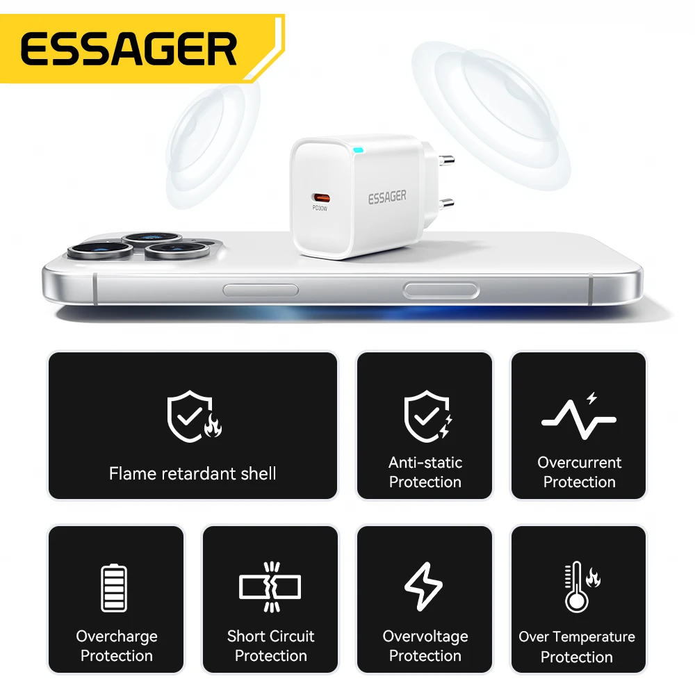 Caricatore Essager 30W tipo C PD 3.0 Caricatore USB C per iPhone 16 15 14 Pro Samsung Huawei Xiaomi Tablet iPad Air Pro Caricatore per telefono