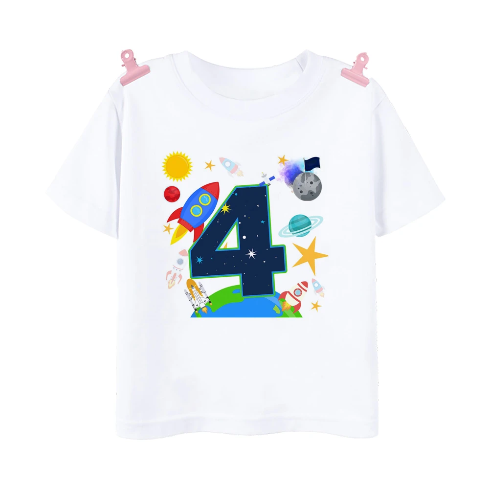 Camiseta con estampado de cohete aeroespacial para niños, traje de fiesta de cumpleaños con tema aeroespacial, Tops para niños y niñas, 1-10