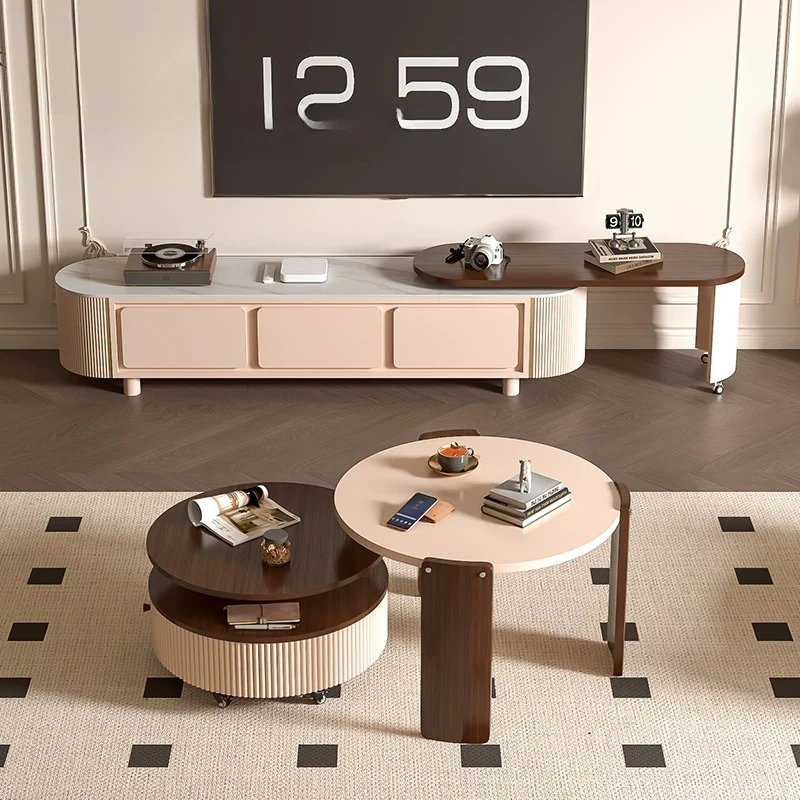 Household living room small apartment movable antique rock slab coffee table TV cabinet combination