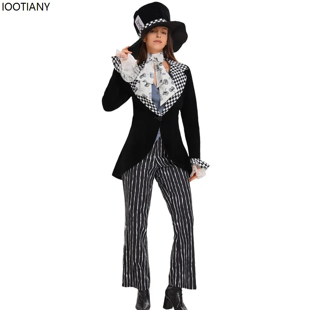 Halloween Alice In Wonderland Crazy Hat Suit Black And White Plaid Circus Magician Cosplay Costume Carnival Party Stage Dress Up