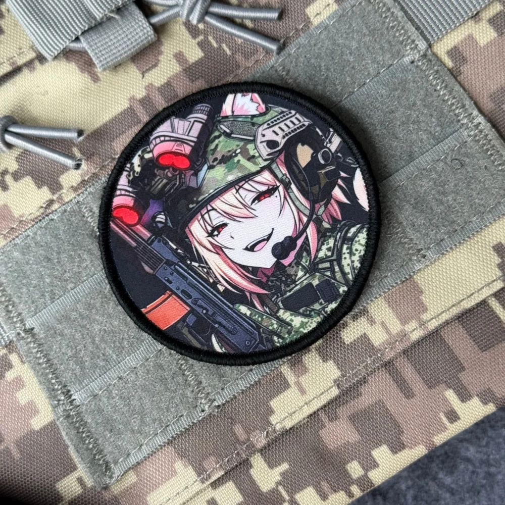 Airsoft Morale Tactical Patch Anime Cat Girl Assault Rifle Night Vision Goggles Printed Patch Hook &Loop Badge for Military Gear