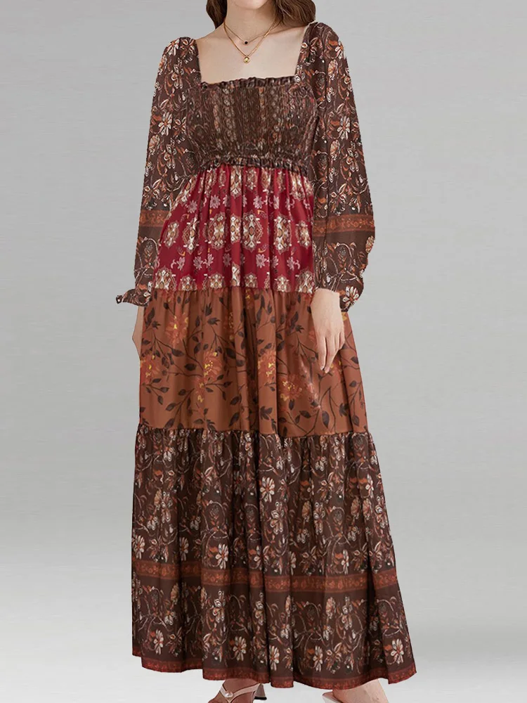 

Long Flare Sleeve Simple Party Dress, Women Spring Autumn Square Collar Printed Maxi Dress, 2024 Patchwork Vintage Ladies Dress