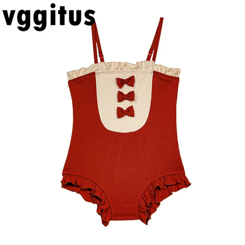 Girls Quick Drying Clothes Wine Red Cute Bow Agaric Edge Sling One Piece Swimwear Fashion Kids Beach Vacation Swimsuit  H01211