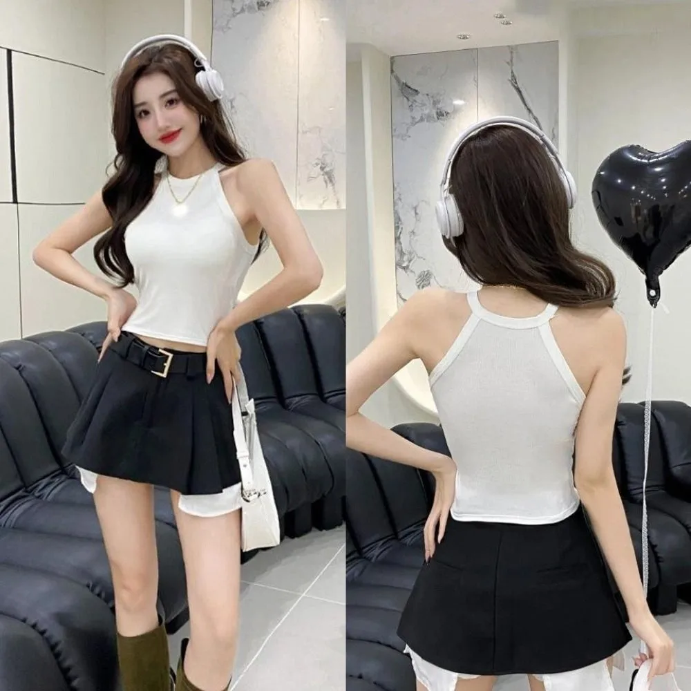 قميص قصير غير رسمي بدون أكمام ورقبة دائرية وحمالات رفيعة وحزام رفيع ملابس شاطئ نمط فتاة حار قميص قصير مع وسادات صيفية #2