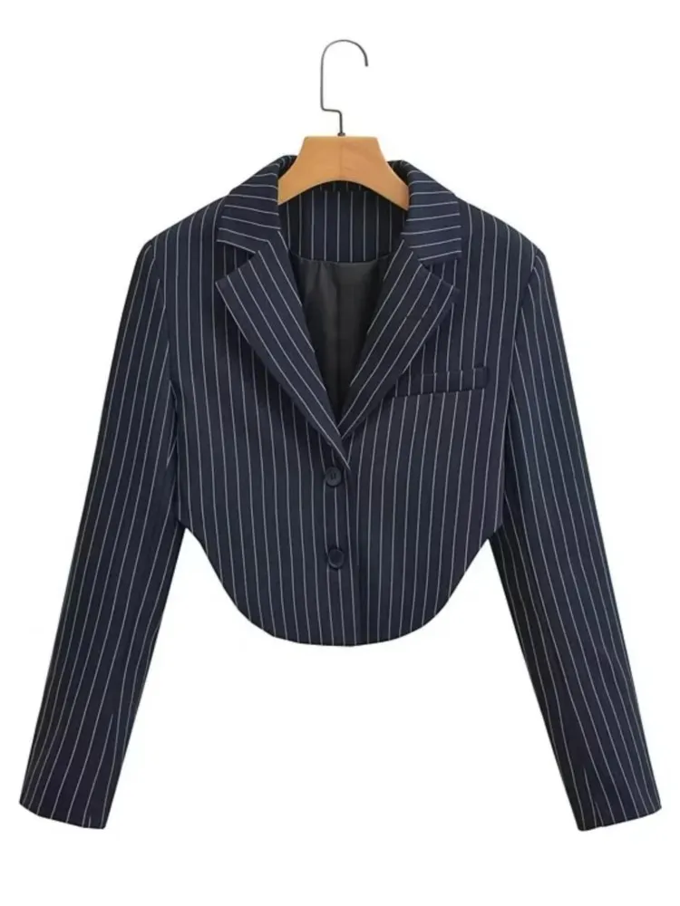 2023 primavera Navy a righe colletto dentellato Blazer corto Vintage donna 2 bottoni manica lunga abito asimmetrico cappotto Outwear