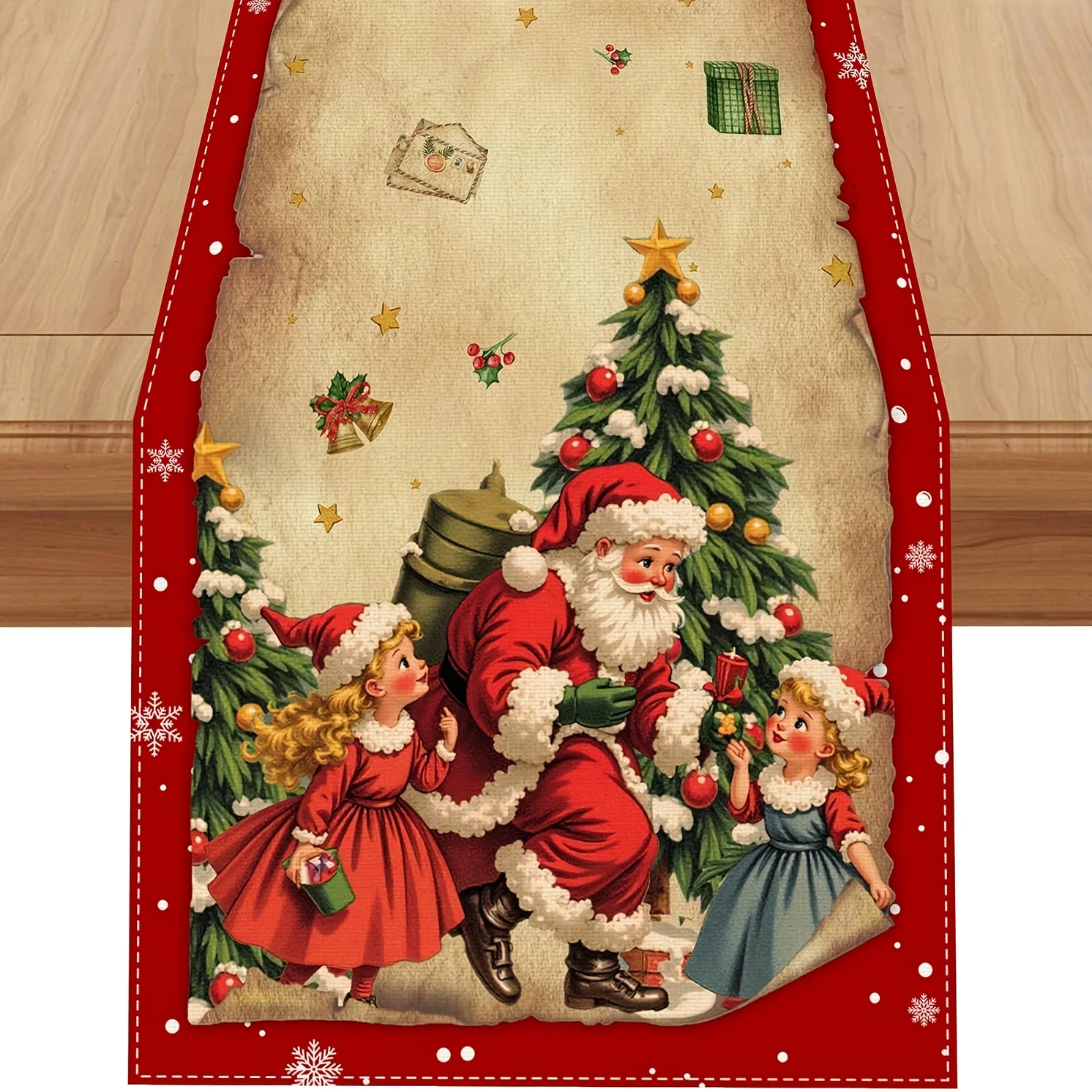 Vintage Christmas Table Runner Red & Green Retro Holiday Decoration with Santa Design Kitchen Dining Table Decoration Home Party