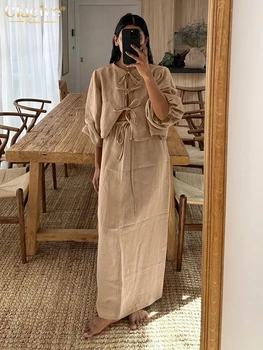 חאקי כותנה רופפים מזדמנים רופפים כותנה 2 חלקים בגדי נשים ללבוש שמלות שרוול שרוולי תחרה-אפ עם חצאיות ארוכות המותניים