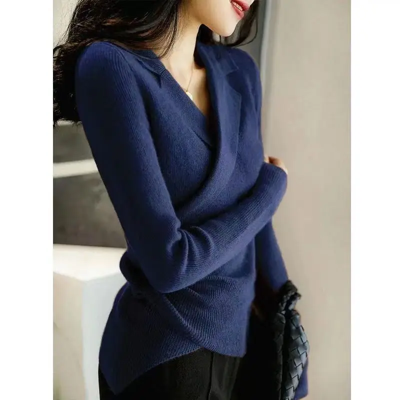 Sweter Kantor Wanita Kerah V Warna Solid Ramping Mode Silang Elegan Semua Cocok Jumper Lengan Panjang Wanita Musim Semi Musim Gugur