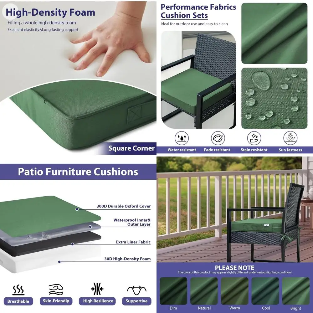 

Set of 4 Waterproof Patio Seat Cushions, 19x19x3 Square, Forest Green with Handle & Ties