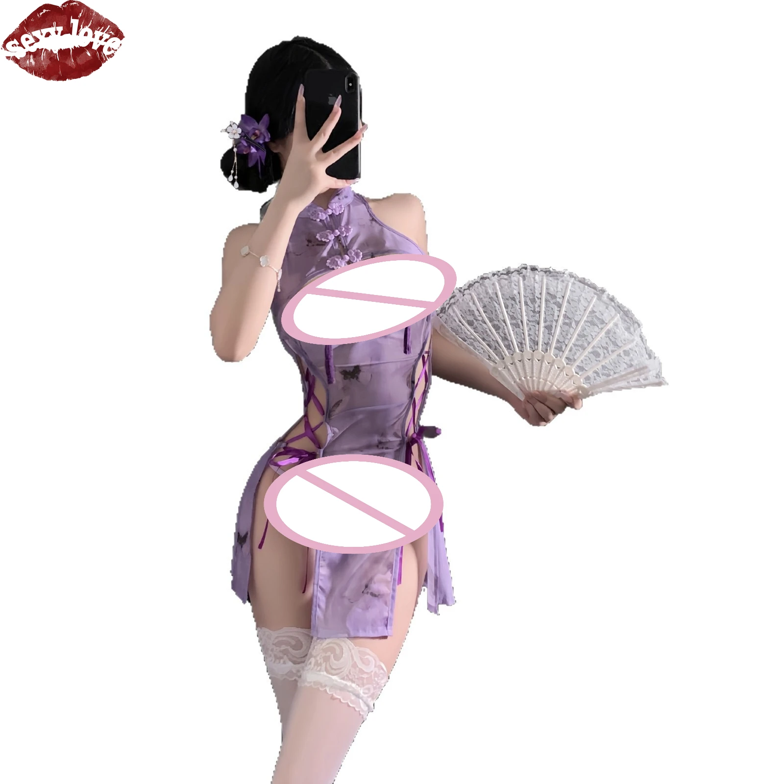 New Design Sexy Underwear Purple Butterfly Cheongsam Passionate Couple Date Robe Set Sexy Sex Underwear Set Cosplay Sexy - Image 5
